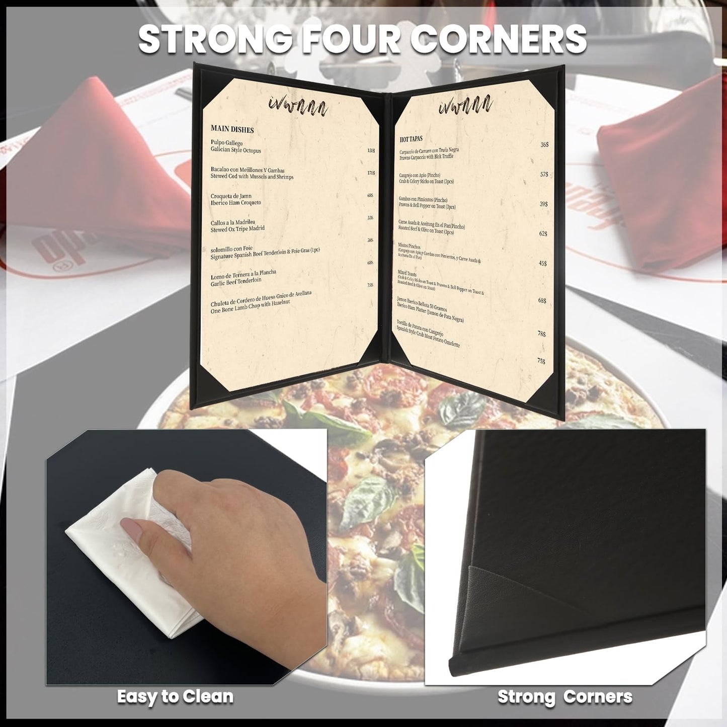 IVWNNN 8.5'' x 11'' Menu Covers 6 Pack Black PU Leather Menu Holders Book Style with Angled Corners Double View Menu Sleeves Easy-Insert Design Waterproof for Bar Cafe Restaurant Menu Covers