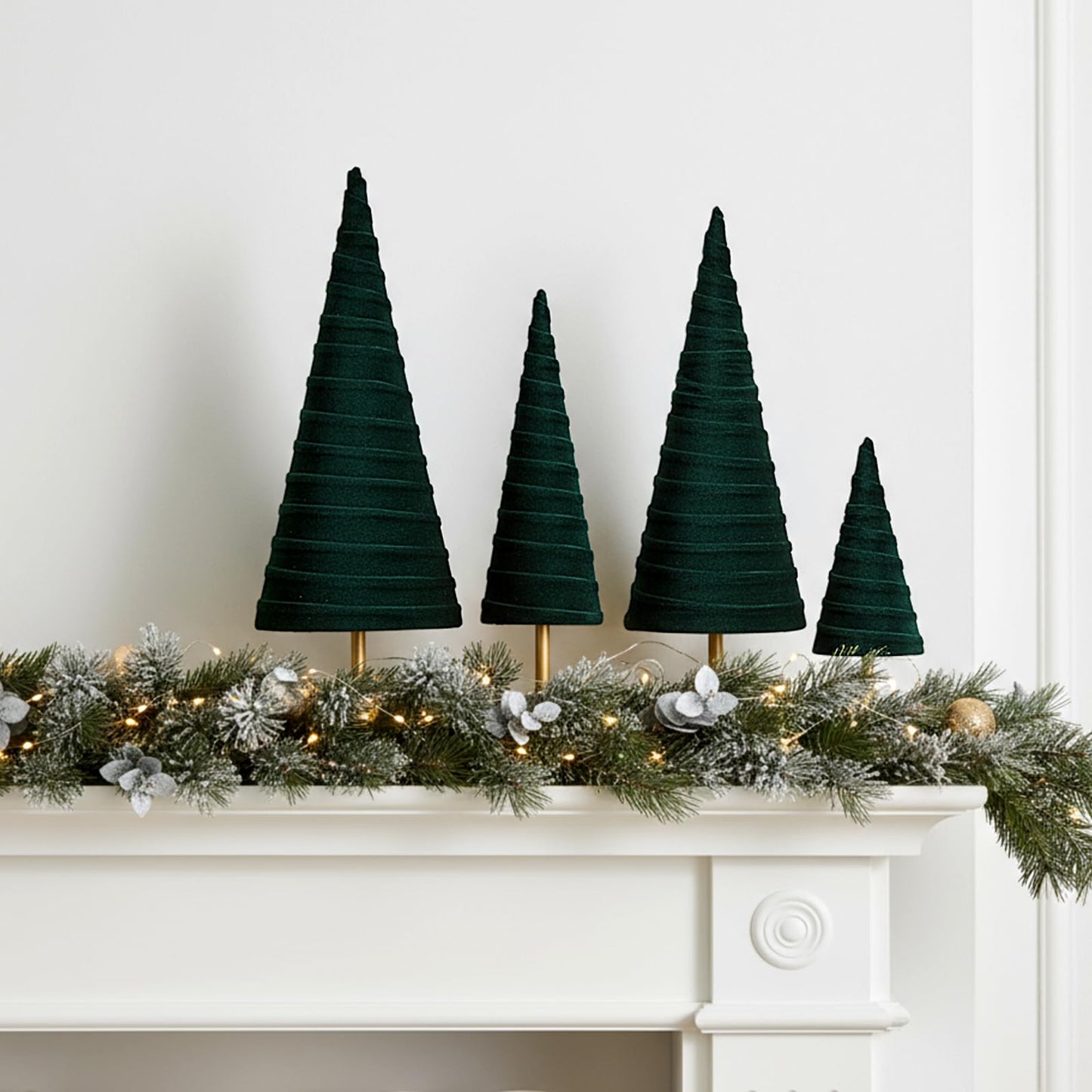 Hoolerry 4 Pcs Christmas Velvet Trees with Gold Pedestal Modern Rustic Christmas Velvet Cone Trees Minimalist for Mantel Table Centerpiece Entryway Home Winter Holiday Wedding Decor (Green)