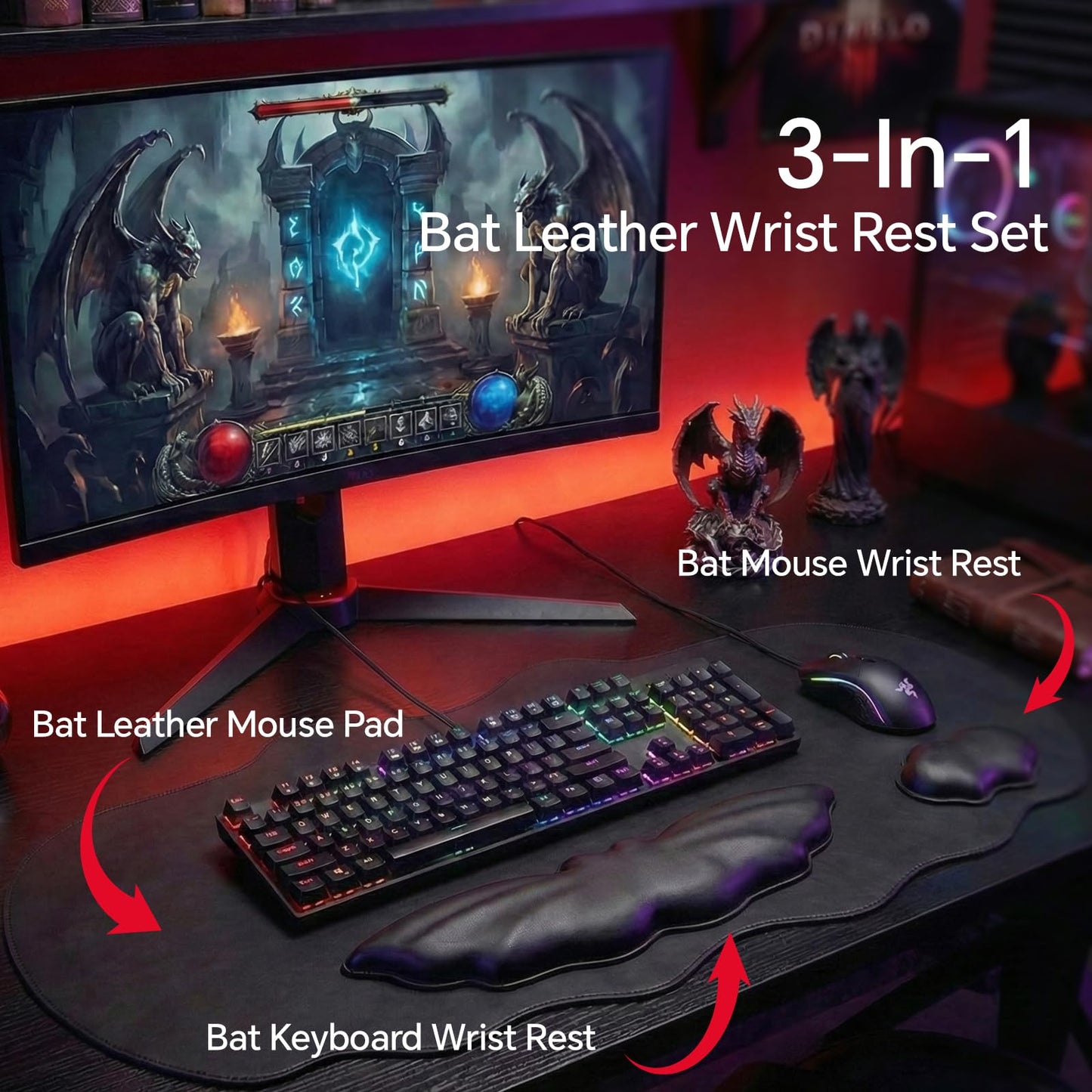 Tscuite Bat Mouse Pad, PU Leather Mousepad, 3 in 1 Keyboard Wrist Rest and Mouse Wrist Rest, Ergonomic Bat Wrist Rest Waterproof Leather Surface, Easy Typing Cushion with Memory Foam for Home Office