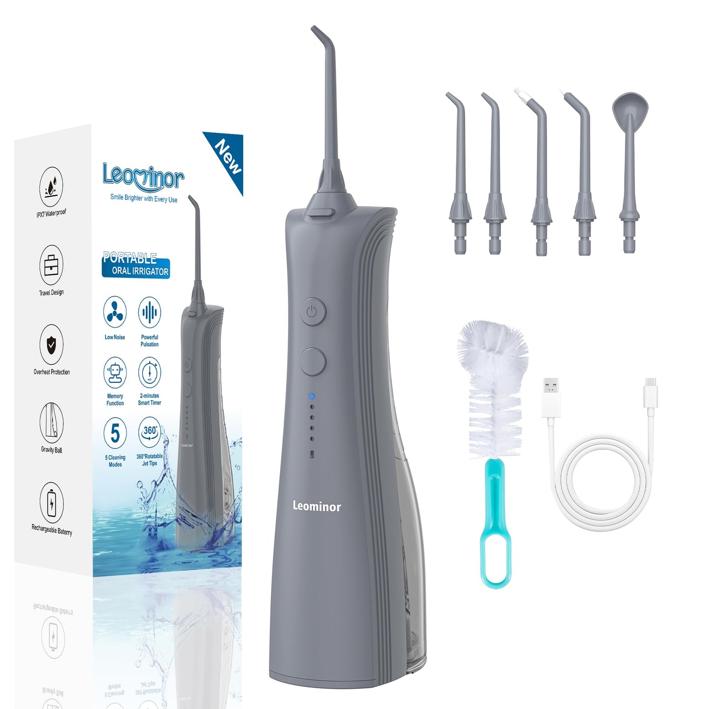 Leominor Water Dental Flosser - 5 Modes Cordless Portable Oral Irrigator, IPX7 Waterproof, Rechargeable Teeth Cleaner Upgrade Datchable Tank Professional Flossing Cleaning Pick for Home Travel (Black)