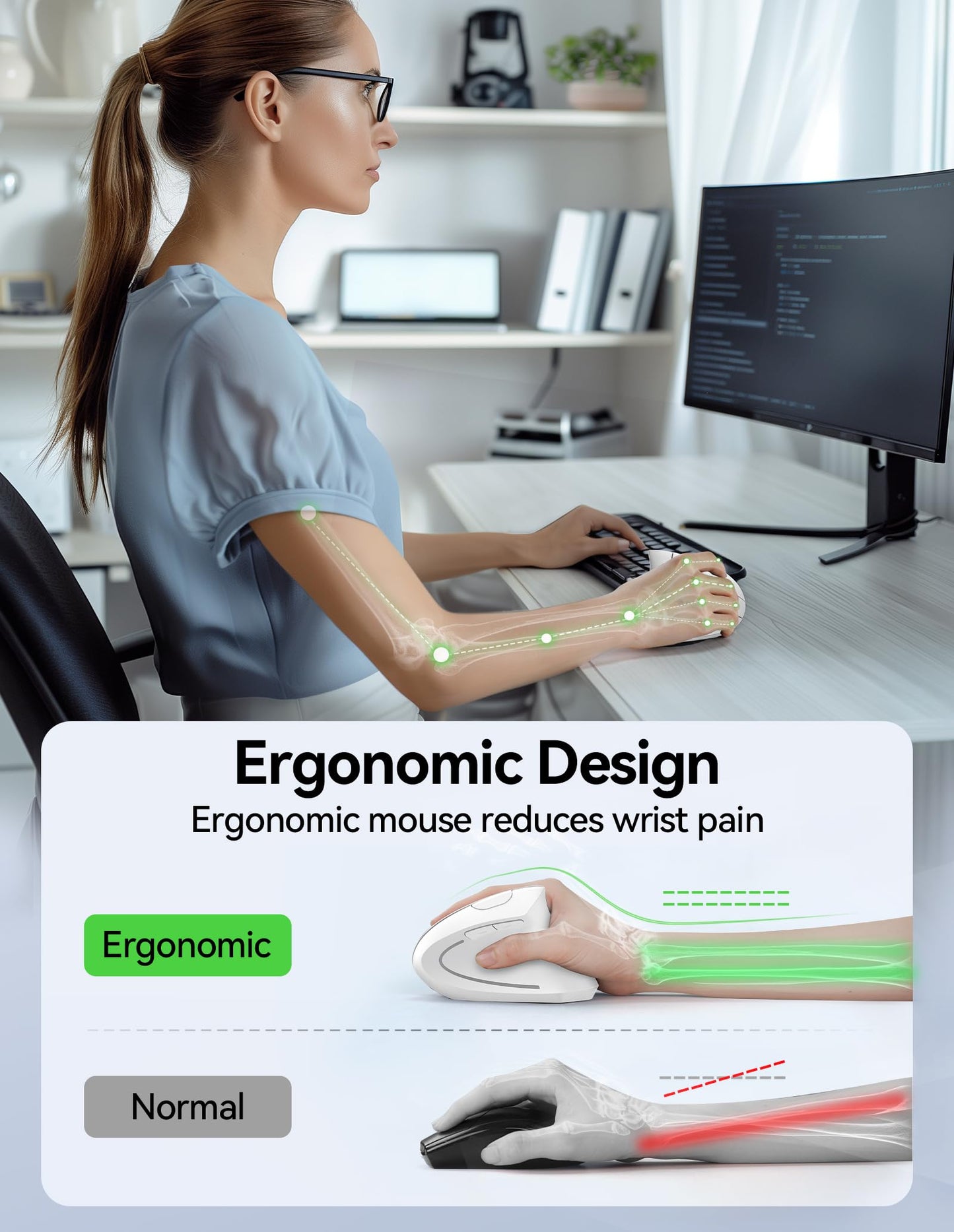 TECKNET Ergonomic Mouse, Rechargeable Vertical Ergo Mouse Wireless 800-4800 Levels 5 Adjustable DPI, Silent 2.4GHz Optical Carpal Tunnel Mouse for Right Hand, USB Wireless Mice for Laptop, PC