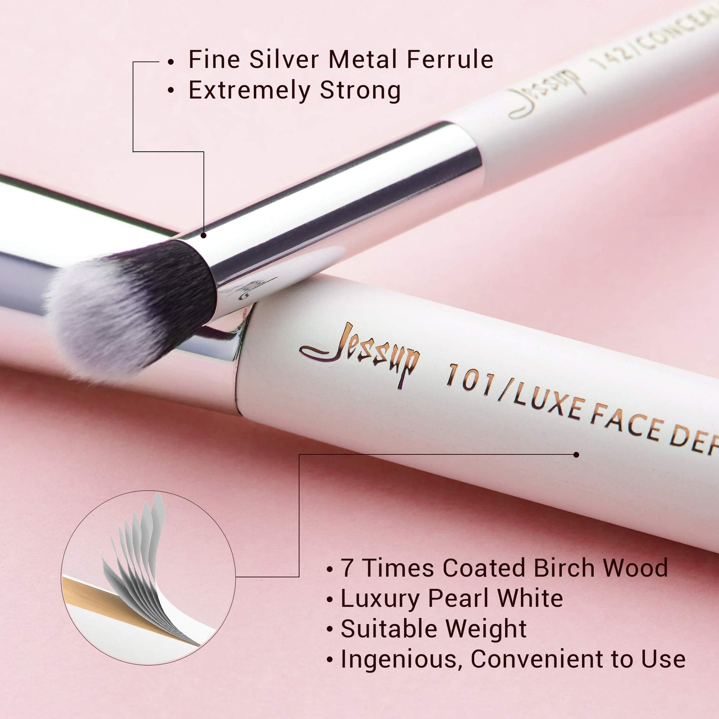 Jessup Brand 25pcs Professional Makeup Brush Set Beauty Cosmetic Foundation Powder Blusher Eyeshadow Blending Highlight Concealer Natural-Synthetic Hair Brushes Set (Pearl White/Silver)