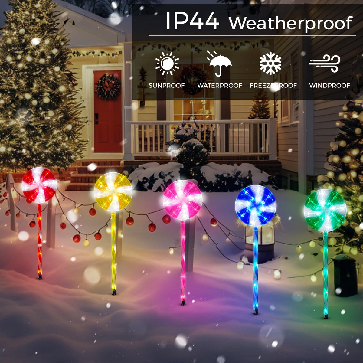 Outdoor Christmas Decorations Solar Pathway Lights, Set of 5 Lollipops Peppermint Stake Lights, 8 Modes Candy Cane Walkside Lights, Outdoor Xmas Decoration for Walkway,Yard
