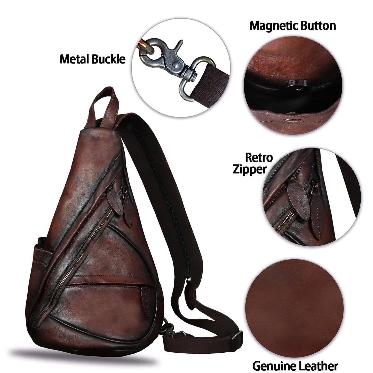 Genuine Leather Sling Bag for Men and Women Vintage Sling Backpack Shoulder Crossbody Bag Chest Bag for Ipad (LightCoffee)