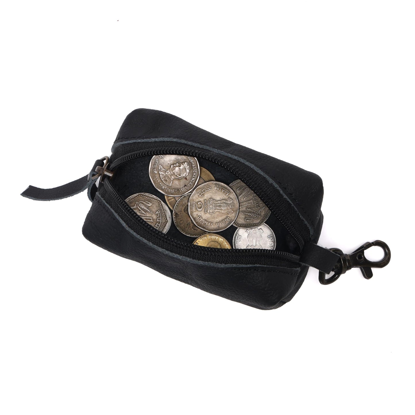 Leather Zipper Coin Pouch with Key Clip, Compact Change Holder Wallet for Men & Women, Small Leather Coin Purse for Cash, Keys, Earbuds, Everyday Carry Accessory (1, Black)