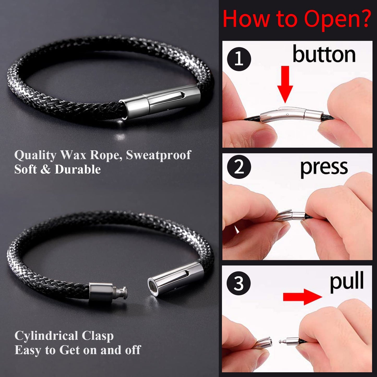 ChainsHouse Mens Waterproof Leather Bracelet 5mm 8.7inch Black Wrap Cuff Bangle for Male Birthday Gift