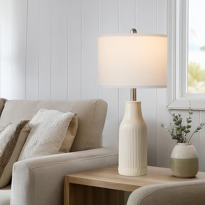 24.5" Modern Ceramic Table Lamp for Nightstand, Farmhouse Bedside Lamp for Bedroom, Small Table Lamps for Living Room End Table, Beige (1 Pack)