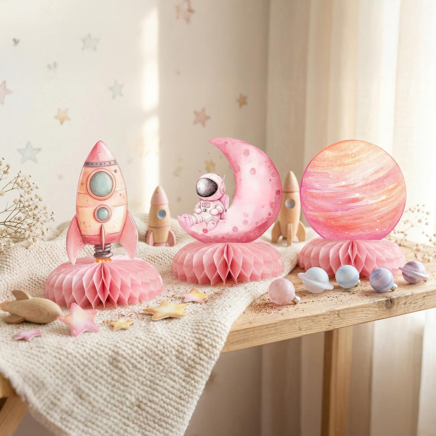 12 Pcs Pink Space Baby Shower Decorations for Girl - Outer Space Girl Party Supplies - Pink Astronaut Rocket Moon Star Centerpieces for Tables - Galaxy Honeycomb Table Decor for Baby Shower