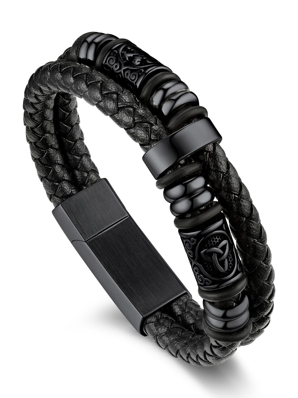 Bandmax Black Leather Viking Nordic Bracelet for Men 8.26 Inch Celtic Knot Beaded Wristband Bracelets Norse Style Men's Wrist Jewelry Gift for Son Husband Father Christmas Birthday Father's Day