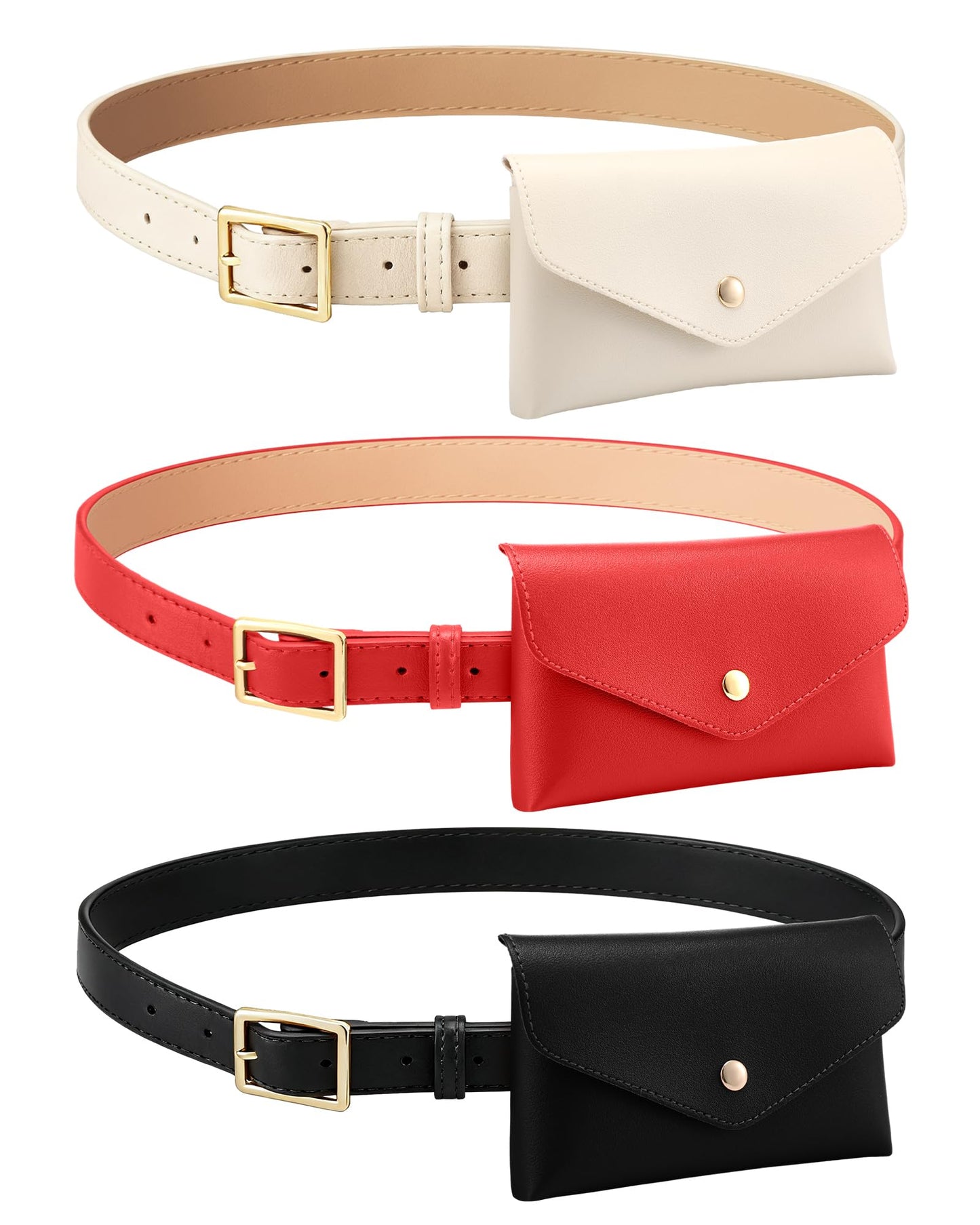 Shihanee 3 Pcs PU Leather Waist Belt Bags for Women Adjustable Fashion Mini Waist Pouch Equestrian Belt Bags for Fashion Party Riding Hiking Daily Use Y2k Accessory (Black,Beige,Red)