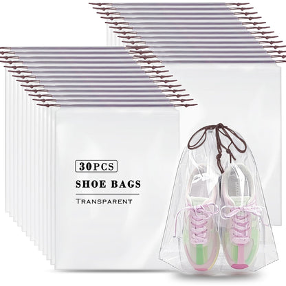 MZYIWUU 30 Pack Clear Shoe Bags for Travel, Transparent Waterproof Drawstring Dust Bags (11.8” x 15.7”) for Packing, Shoe Organization & Storage – Ideal for Men & Women