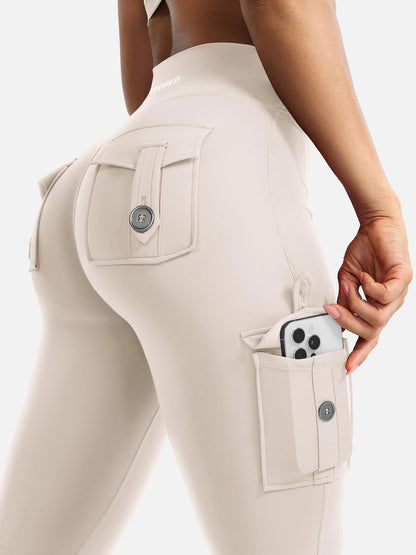 YEOREO CoreFlex Women Workout Flare Leggings with Pockets Hidden Scrunch Cargo Gym Yoga No Front Seam Leggings Light Khaki M