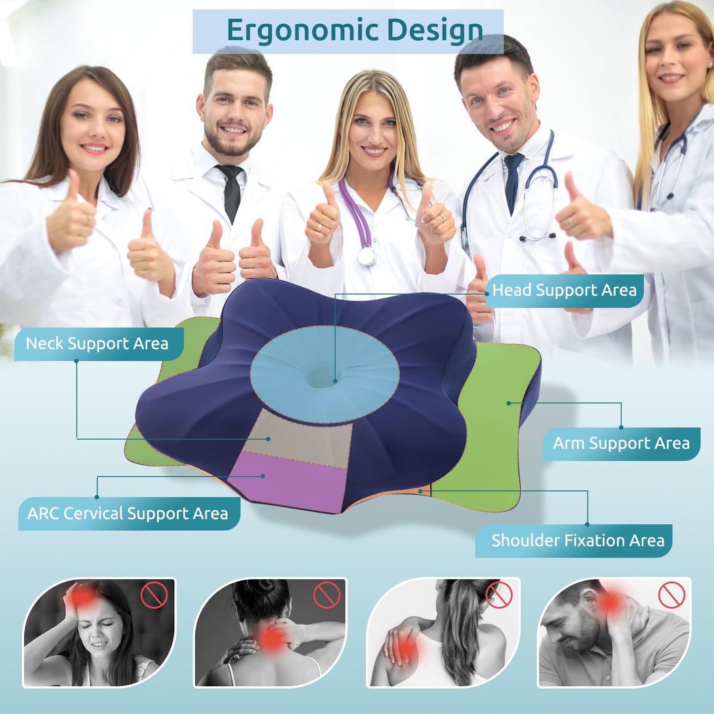 DONAMA Cervical Pillow for Neck and Shoulder,Contour Memory Foam Pillow,Ergonomic Neck Support Pillow for Side Back Stomach Sleepers with Pillowcase