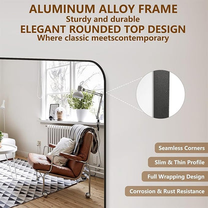Koonmi Full Length Mirror, 65"x24" Mirror Full Length with Stand, Black Domed Top Square-Edged Floor Mirror with Aluminum Alloy Frame for Bedroom Living Room