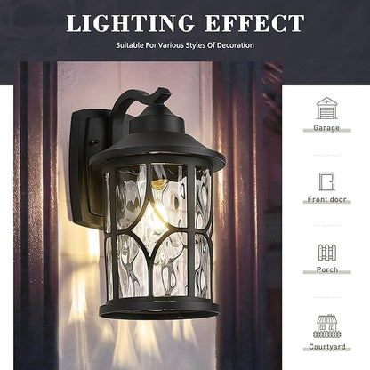 zeyu 14.6 Inch Outdoor Porch Light, Farmhouse 1-Light Outdoor Wall Sconce, Die-Cast Aluminum in Black Finish, Clear Water Ripple Glass, ZX48MB-WG BK