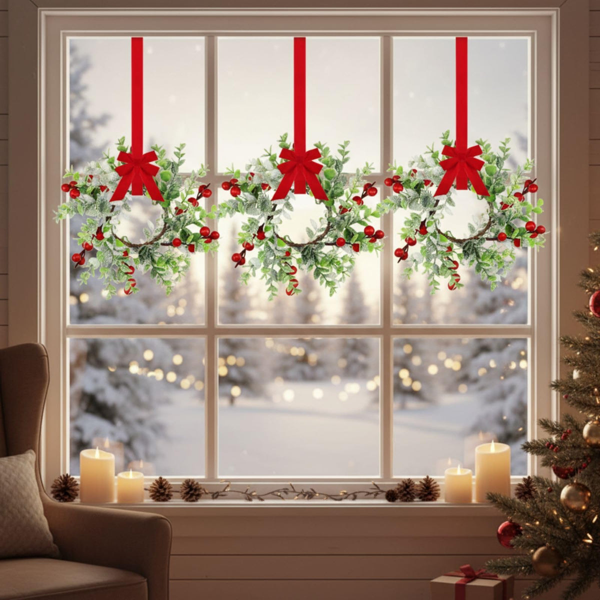 WILLBOND 8 Pieces 9.5" Mini Christmas Wreaths for Kitchen Cabinet Small Christmas Candle Rings Red Berries Wreath Pillar Candle Rings Xmas Hanging Garlands for Front Door Fireplace Window Decor