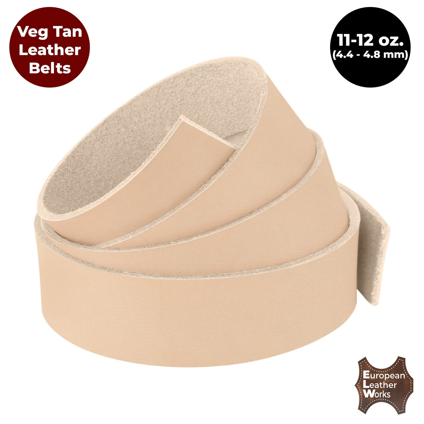 European Leather Works 11-12 oz. (4-4.8mm) Vegetable Tanned Leather Belt Blanks/Straps Size: 1/2"x50" (1.3x127cm) Full Grain Cowhide Tooling, Crafting, Knife Sheath, Furniture