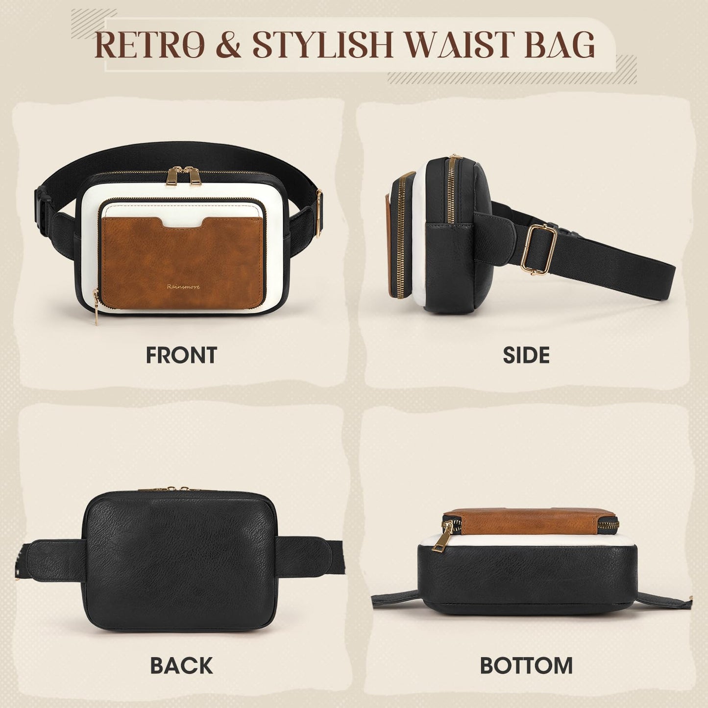 RAINSMORE Fanny Packs for Women, Leather Belt Bag Waterproof Everywhere Crossbody Waist Pack with Adjustable Strap Retro Sling Chest Bag for Work Running Travel Party, Black and Brown with White