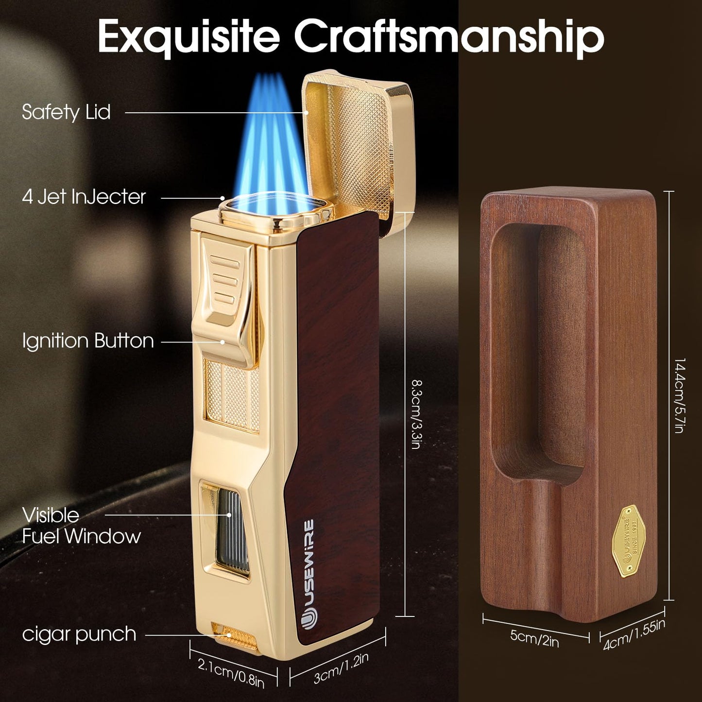 USEWIRE Cigar Lighter and Ashtray Set, Quad Windproof Jet Flame, with Cigar Holder and Cigar Punch, Refillable Butane Gas Lighter, Multifunctional Cigar Accessories Gift Set