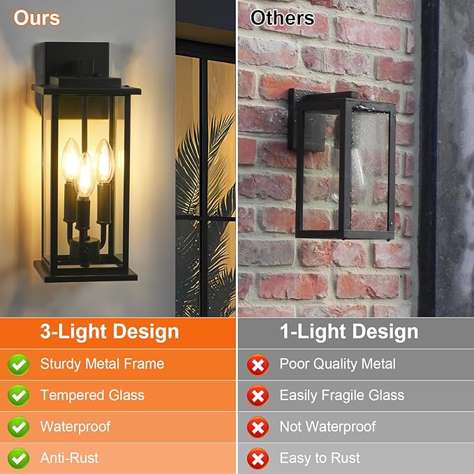 1-Pack 15" Outdoor Wall Lantern Candelabra 3-Light, Waterproof Exterior Wall Light Fixture with Clear Glass Front Porch Light Outdoor Wall Sconce, E12 Base Exterior Sconces for Garage