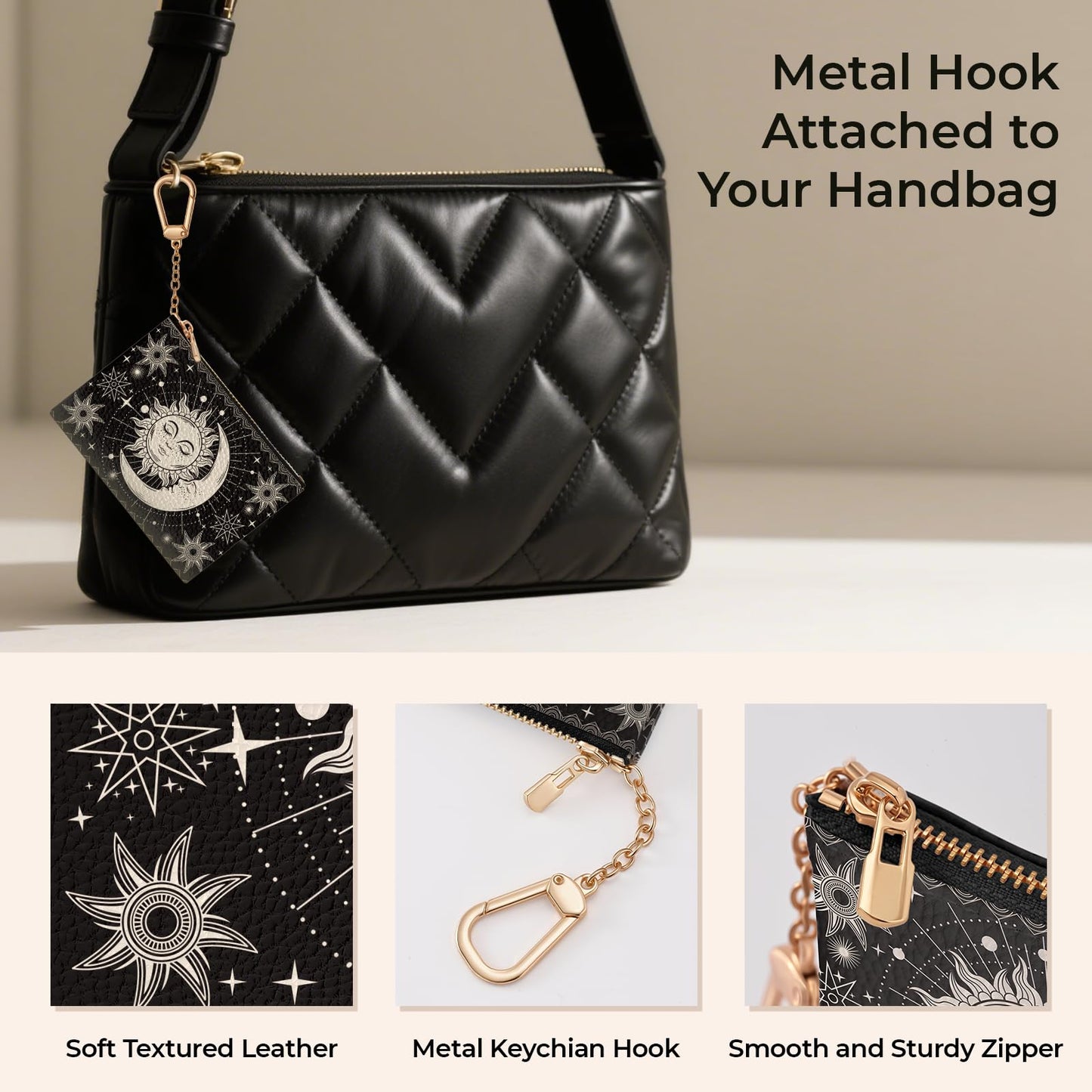 Sukyerios Sun Moon Keychain Coin Purse for Women, Small PU Leather Change Pouch, Zipper Little Tiny Travel Wallet for Girls, Cute Kawaii Zip Pocket Coin Holder with Key Ring
