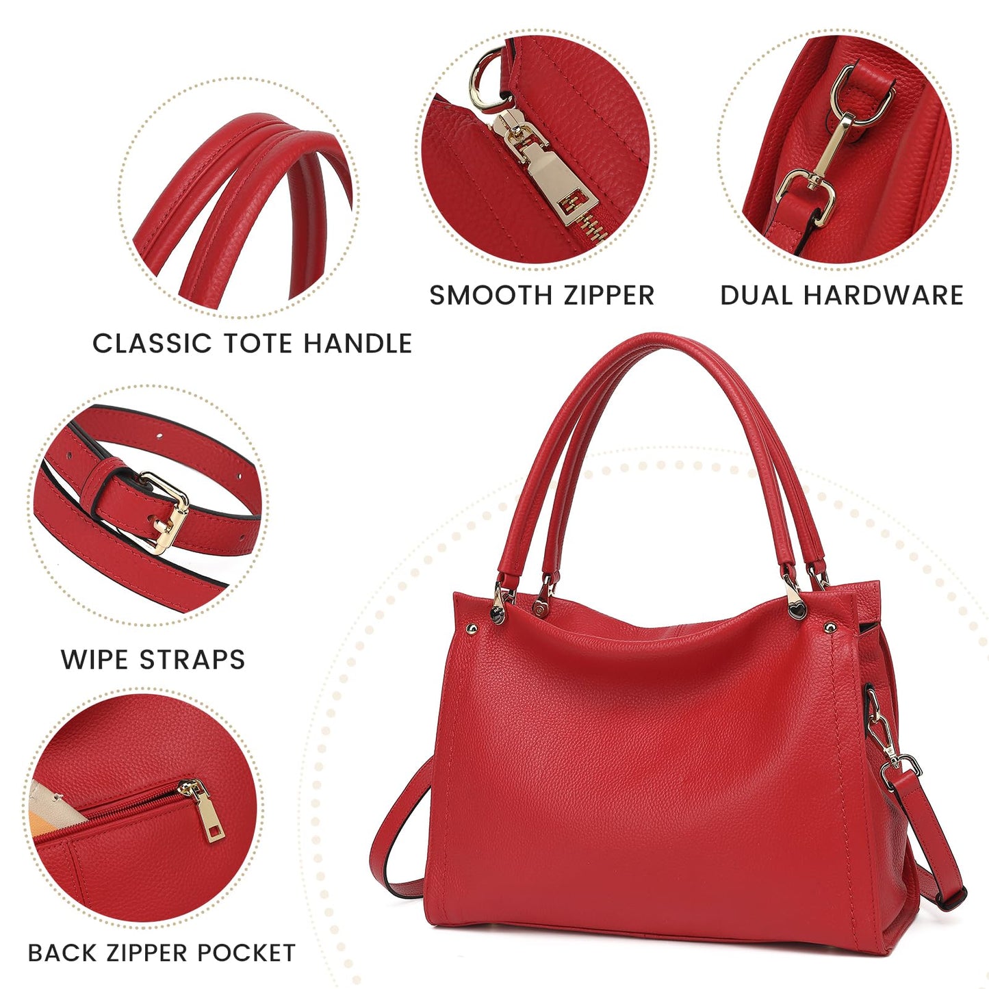 KOGTLA Medium Genuine Leather Tote Handbags for Women, Ladies Soft Satchel Shoulder Purses, Two-Handle Hobo Bags