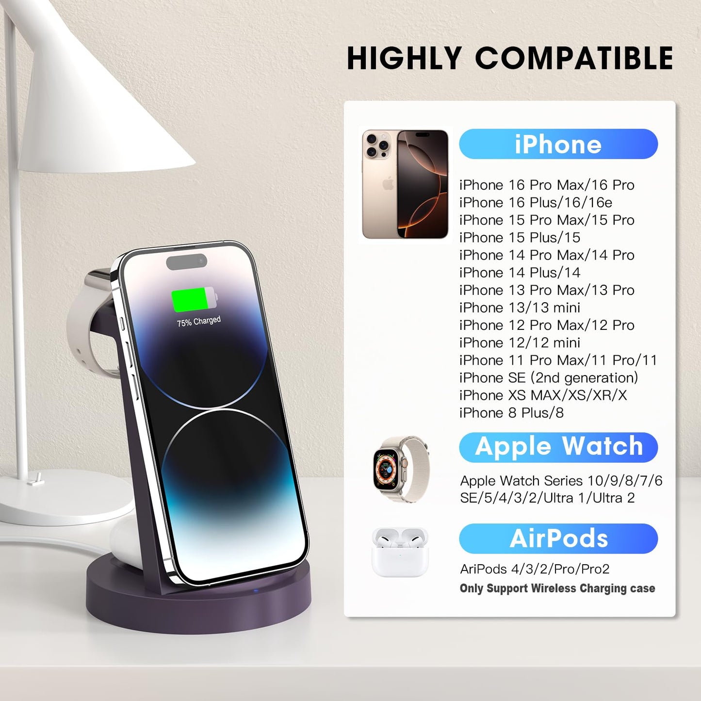 3 in 1 Charging Station for iPhone, Wireless Charger for iPhone 17 16e 16 15 14 13 12 11 X Pro Max & Apple Watch - Wireless Charging Station for AirPods 4 3 Pro