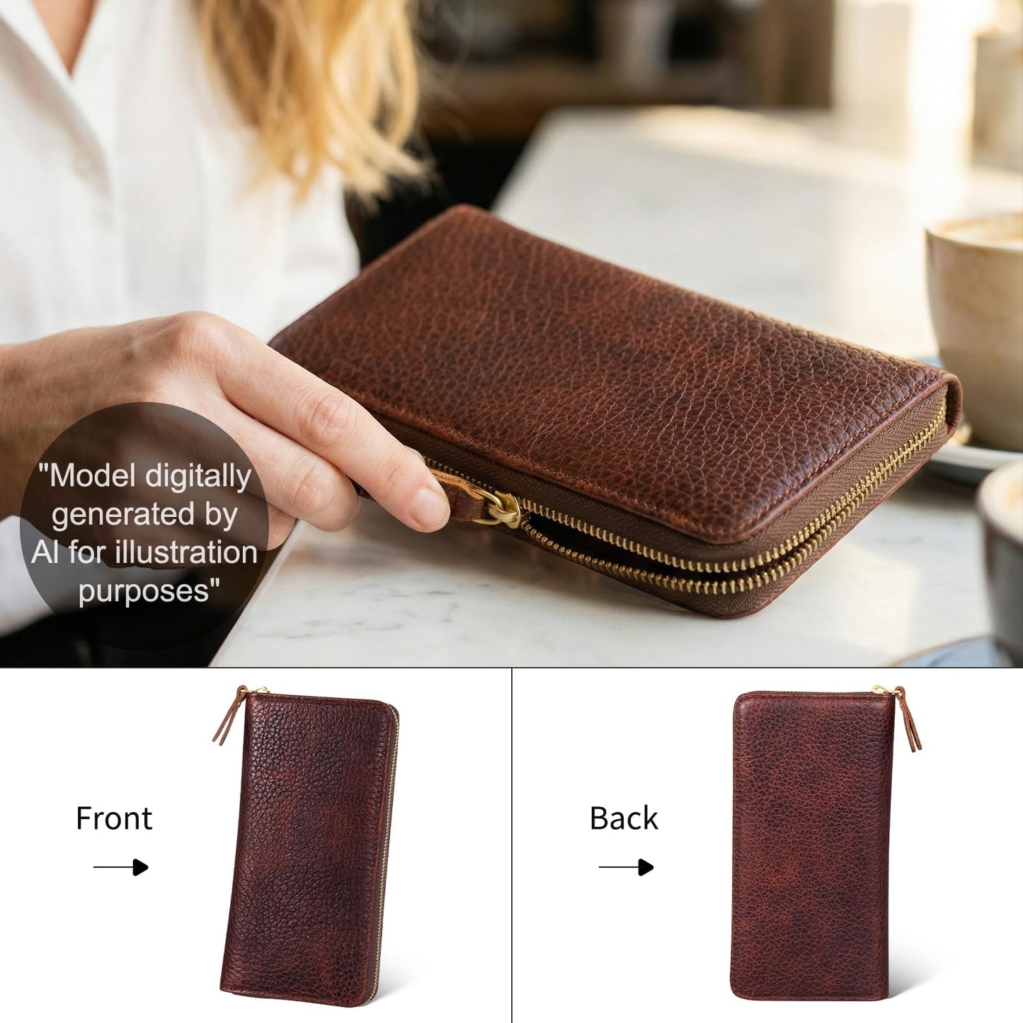 RMAWRAD genuine leather long bi-fold wallet/card holder, unisex, made of full-grain cowhide, with card slots and a coin purse, brown.