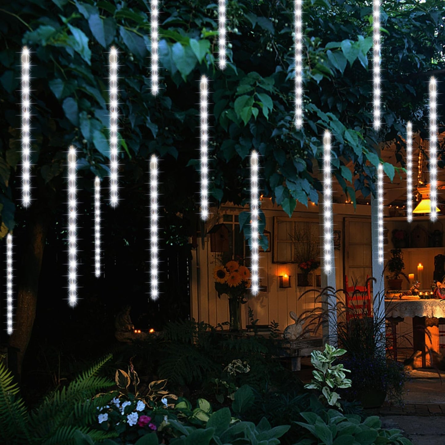 LJLNION 24 Tubes Meteor Shower Lights, Outdoor Icicles Christmas Decor, 12 Inch 864 LED Snow Falling Connectable Raindrop Lights, Xmas Wedding Party Tree Holiday Decoration, White