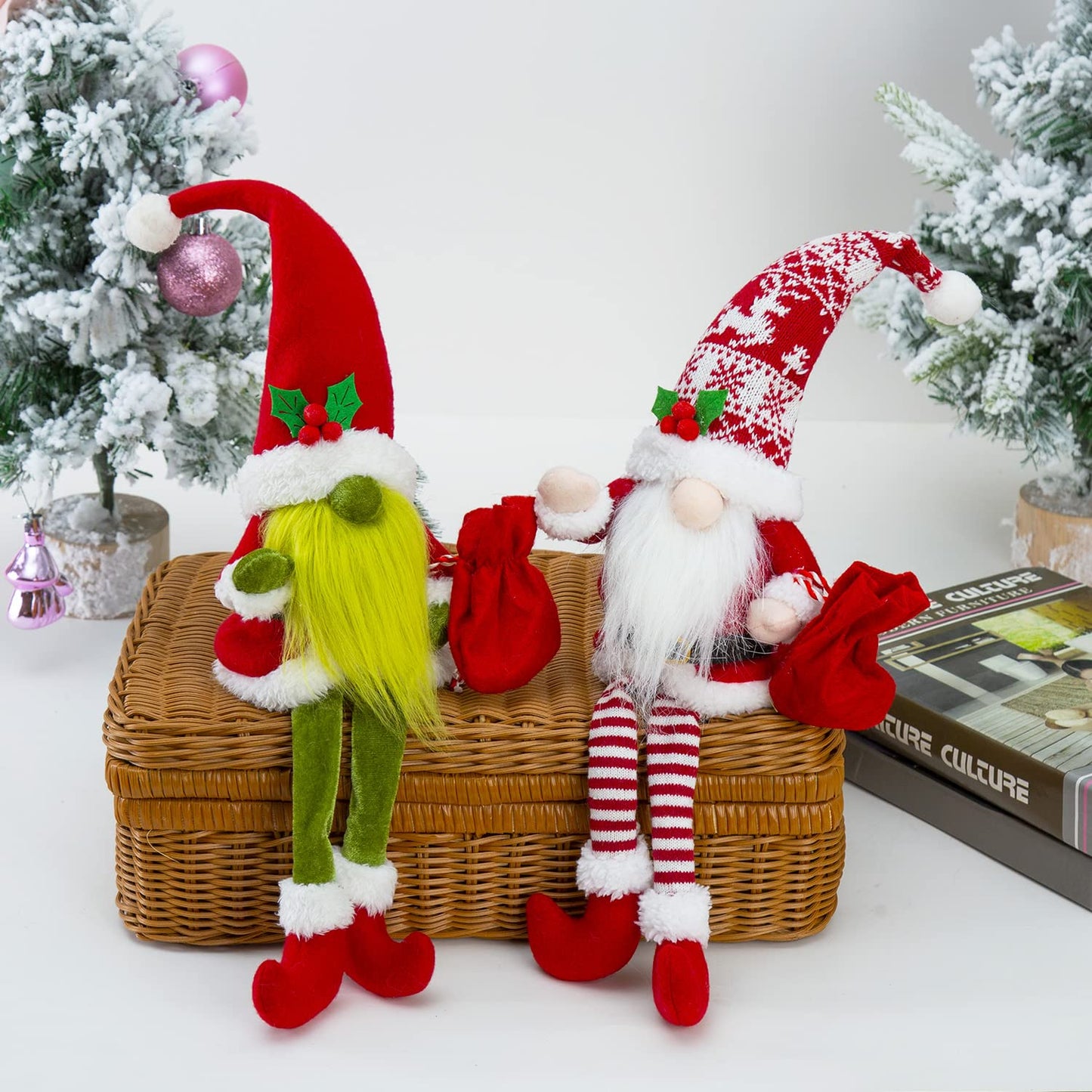 BWFY 2PCS Christmas Gnomes Decorations for Home Holiday Party Gifts Elf Santa Gnome Ornaments Tiered Tray Decor