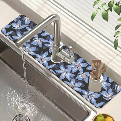 Blooming Lily Sink Splash Guard Faucet Mat Blue Lily Flowers Super Absorbent