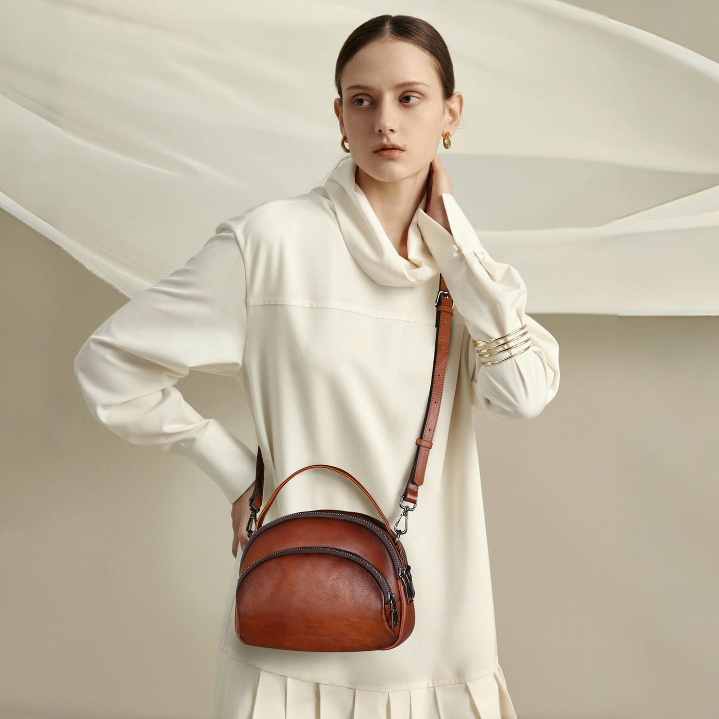 HESHE Genuine Leather Crossbody Bags Leather Purses for Women Vintage Small Shoulder Handbags with Multi-Pockets (Brown)