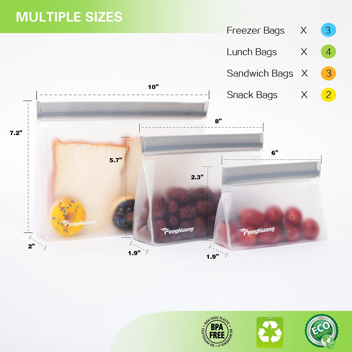 24 Reusable Food Storage Bags, Freezer Bags with Pack BPA FREE (8 Reusable Gallon Bags+8 Leakproof Reusable Sandwich Bags+8 Food Grade Snack Bags) EXTRA THICK Reusbale Lunch Bag for Salad Fruit