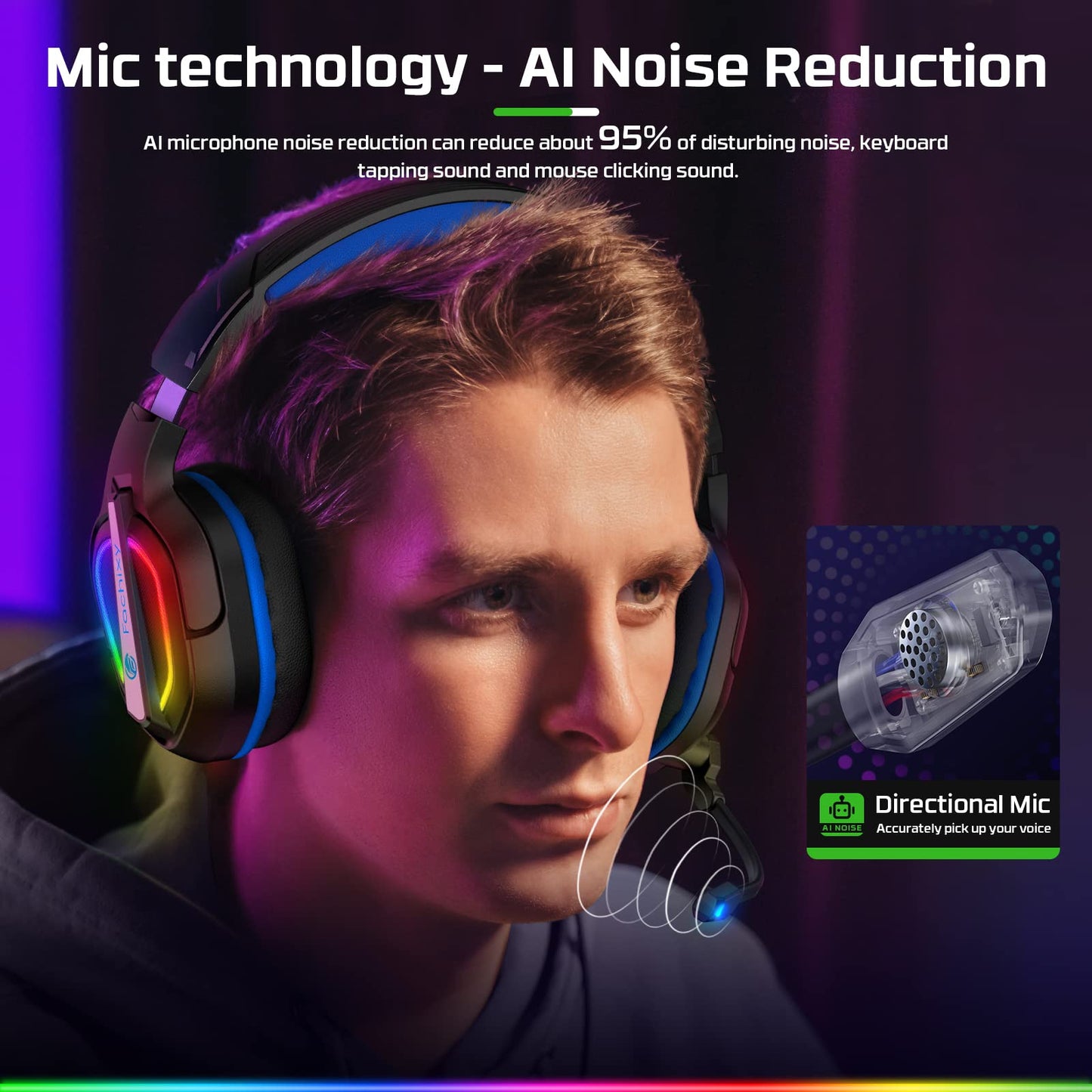 Fachixy FC200 Gaming Headset for PS4, PS5, PC, Xbox, Switch, Headset with RGB Light, Noise Cancelling Headphones with 3.5mm Jack
