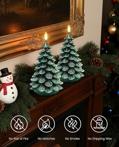 YAUNGEL Christmas Tree Flameless Candles,10-Key Remote and Timer, Real Wax Battery Operated 3D Wick LED Flickering Candles Realistic Christmas Tree for Christmas Holiday Indoor Dinner Decor, 2 Packs