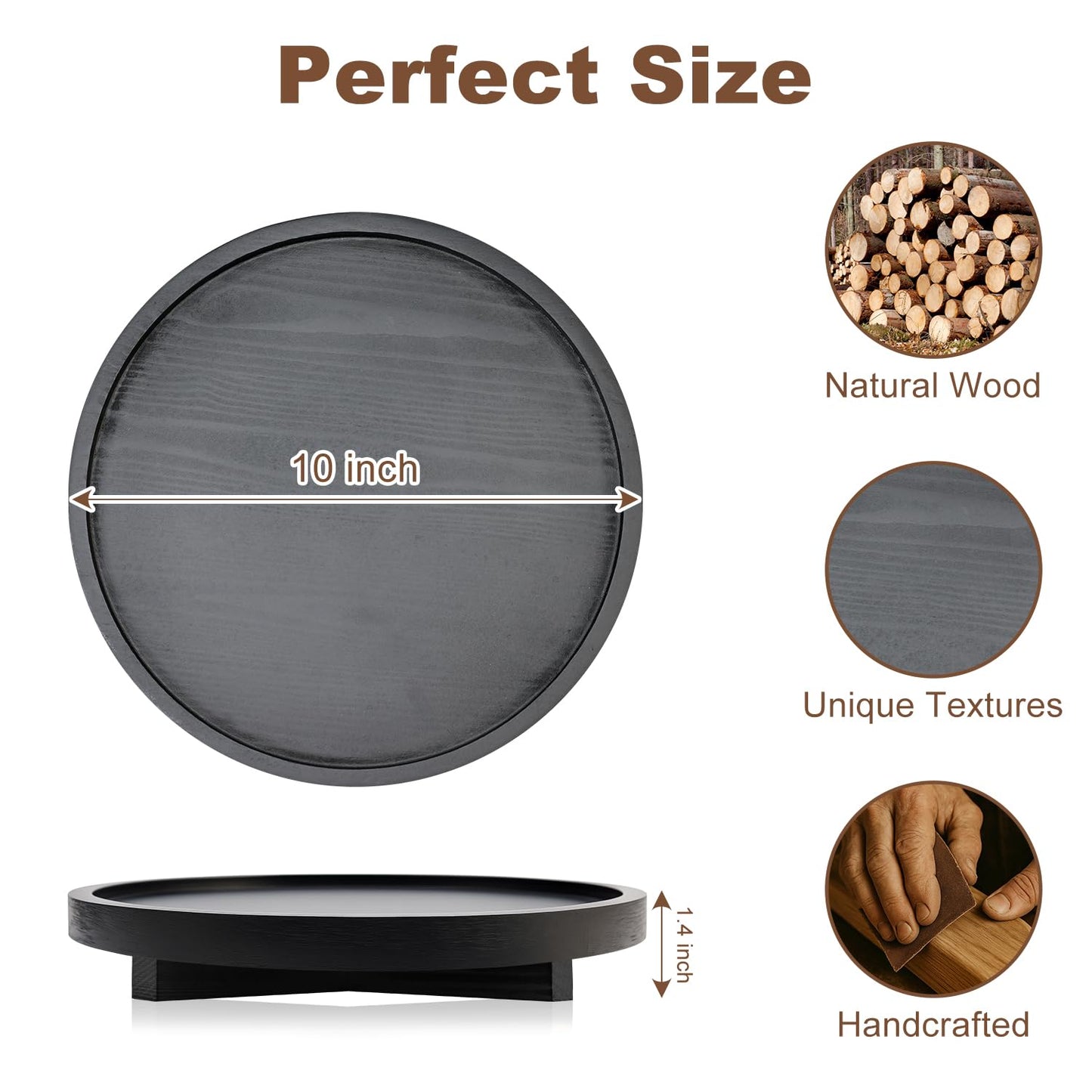 Black Decorative Wooden Tray for Kitchen Counter Bathroom Accessories Sink Vanity Trays Wood Riser Candle Pedestal Stand for Perfume Soap Trays Round Dining Coffee Table Small Rustic Home Decor Tray