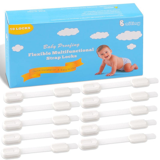 Baby Safety Strap Locks 10 Pack - Cabinet Locks Baby Proofing for Baby Proofing Cabinets & Drawers, Child Proof Cabinet Locks, Fridge Lock & Oven Lock Child Safety, Adjustable No Drill, White