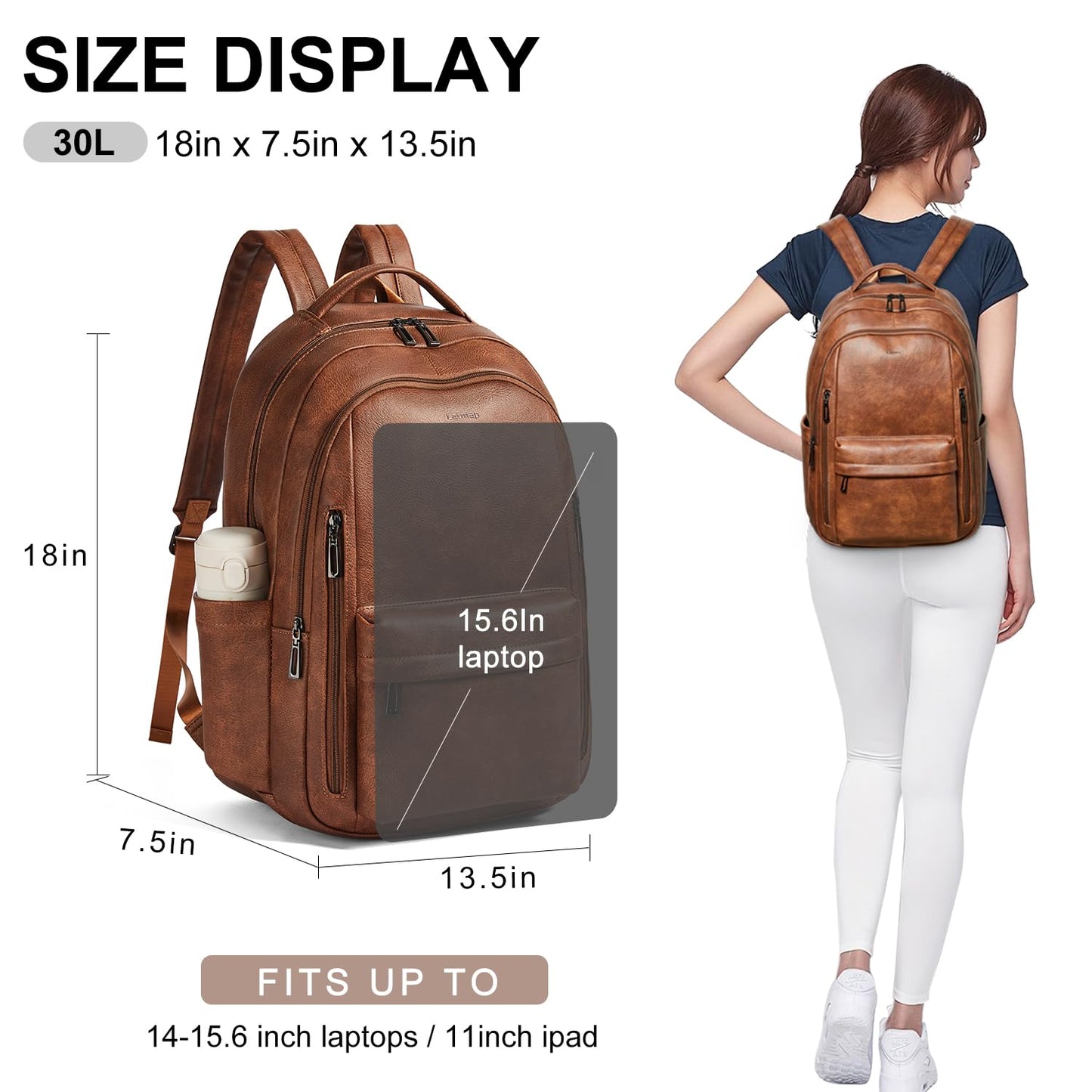 LATMAP 30L Backpack Purse for Women Men Laptop Backpack, Faux Leather Travel Work Backpack Teacher Bookbag fits 15.6" Laptop,Brown