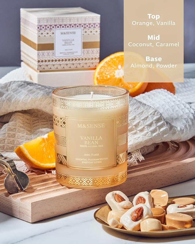 M&SENSE Vanilla Bean Scented Candles for Christmas Thanksgiving Gift Set, House Warming Gifts New Home, 7.4 oz 45 Hours Slow Burning, Natural Soy Candle for Home Scented