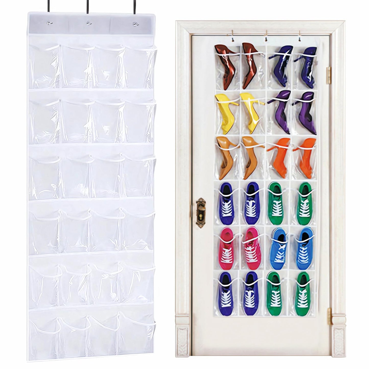 QUMENEY 24 Pockets Over The Door Shoe Organiser, Folding Hanging Organiser Shoe Racks with Hooks, Heavy-Duty Hanging Mesh Shoe Holder for Badroom, Bathroom, Wardrobe (1)