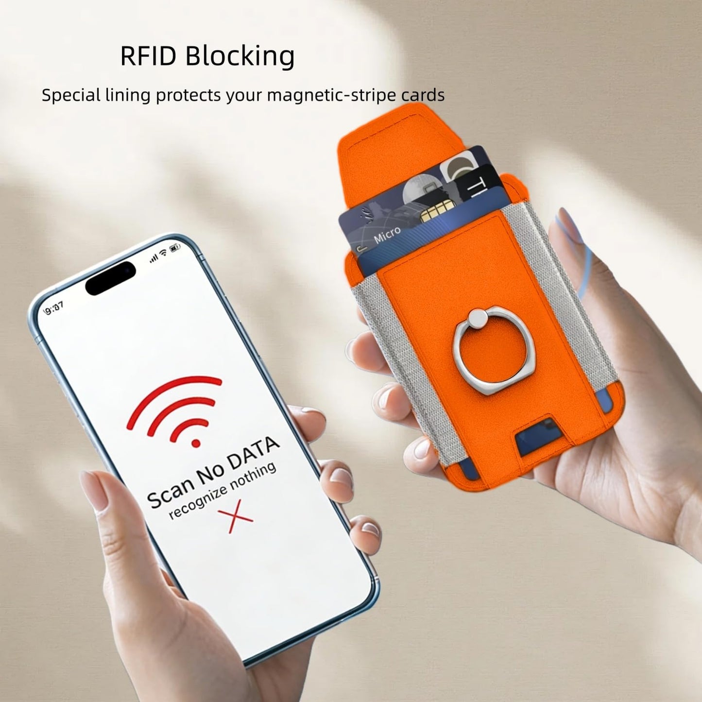 UPEWEFI for Magsafe Wallet, Slim Magnetic Card Wallet with Grip, 7 Cards Holder RFID Blocking, Ring Stand Stick on Wallet with Privacy Flap(Orange)