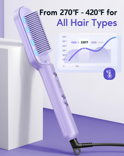 Wavytalk Hair Straightener Brush, Sleek Sweep Ionic Straightening Brush with 6 Temperature Adjust, Anti-Scald Ceramic Straightening Comb Fast Heating for Home Salon, Dual Voltage, Purple.