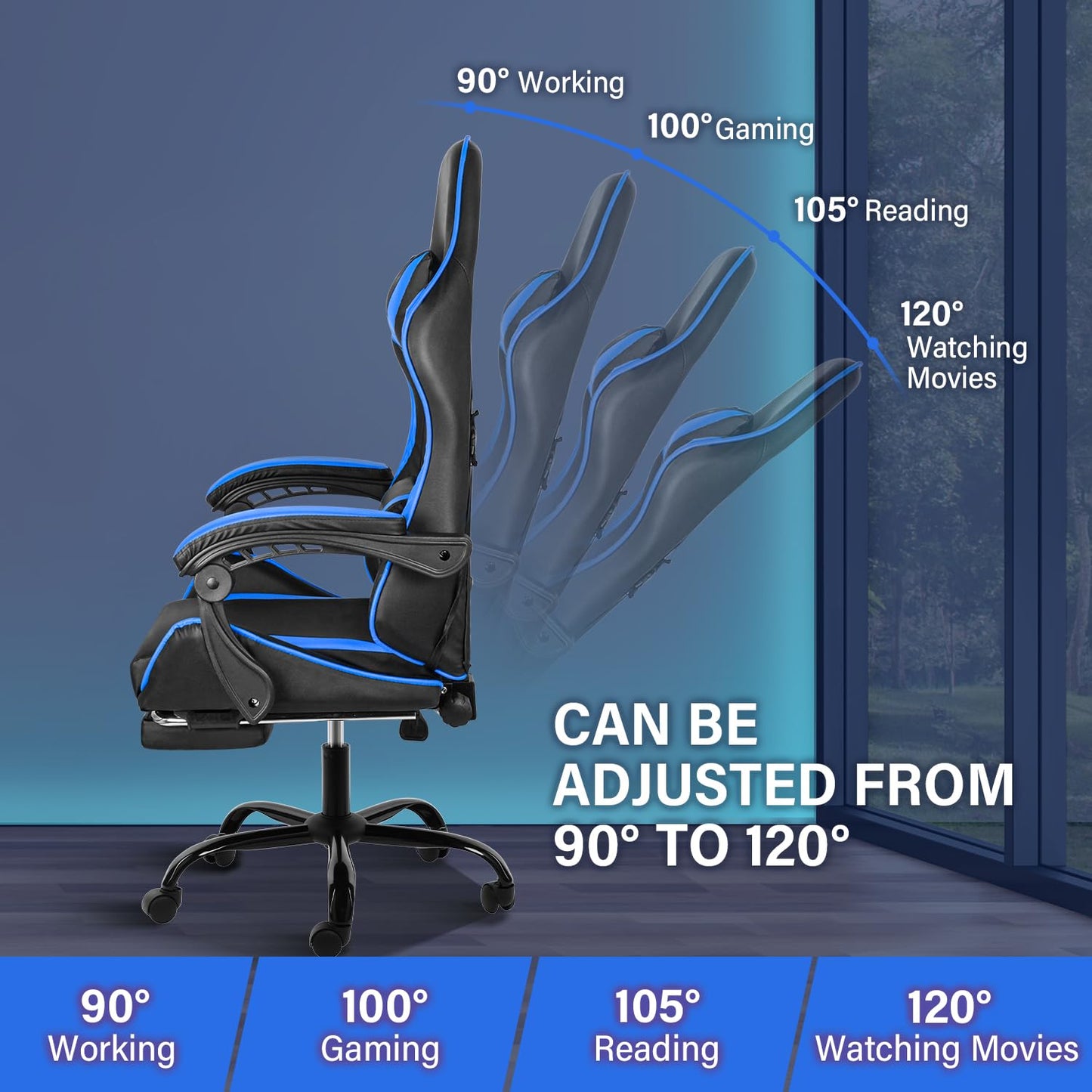 Gaming Chair, Backrest and Seat Height Adjustable Swivel Recliner Racing Office Computer Ergonomic Video Game Chair with Footrest and Lumbar Support, Black/Blue