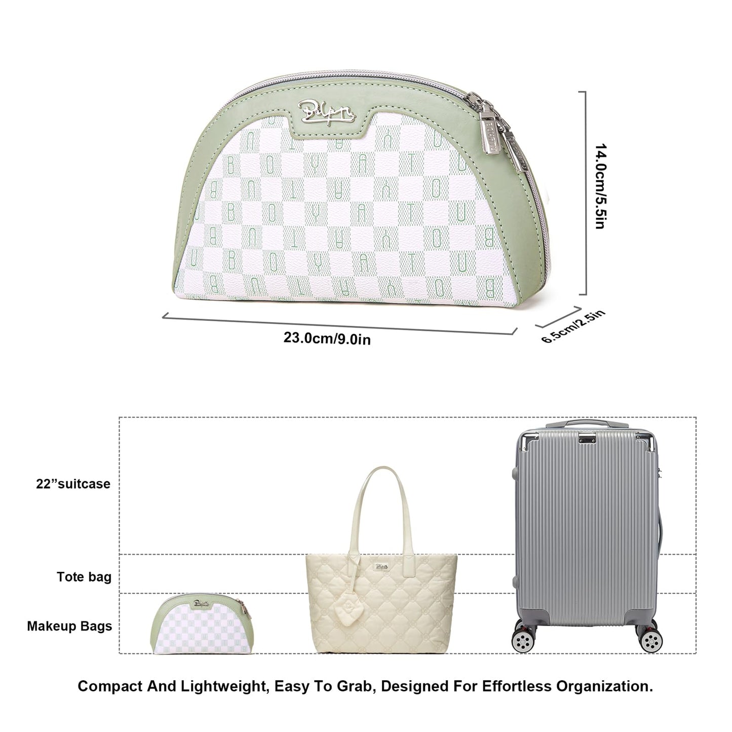 BOYATU Vegan Leather Cosmetic Bag: Refined Pattern Pouch with Built-In Tethered Pull-Out Mirror - Quick Touch-Ups Anywhere - Compact&Lightweight Easy to Carry(022-Green)