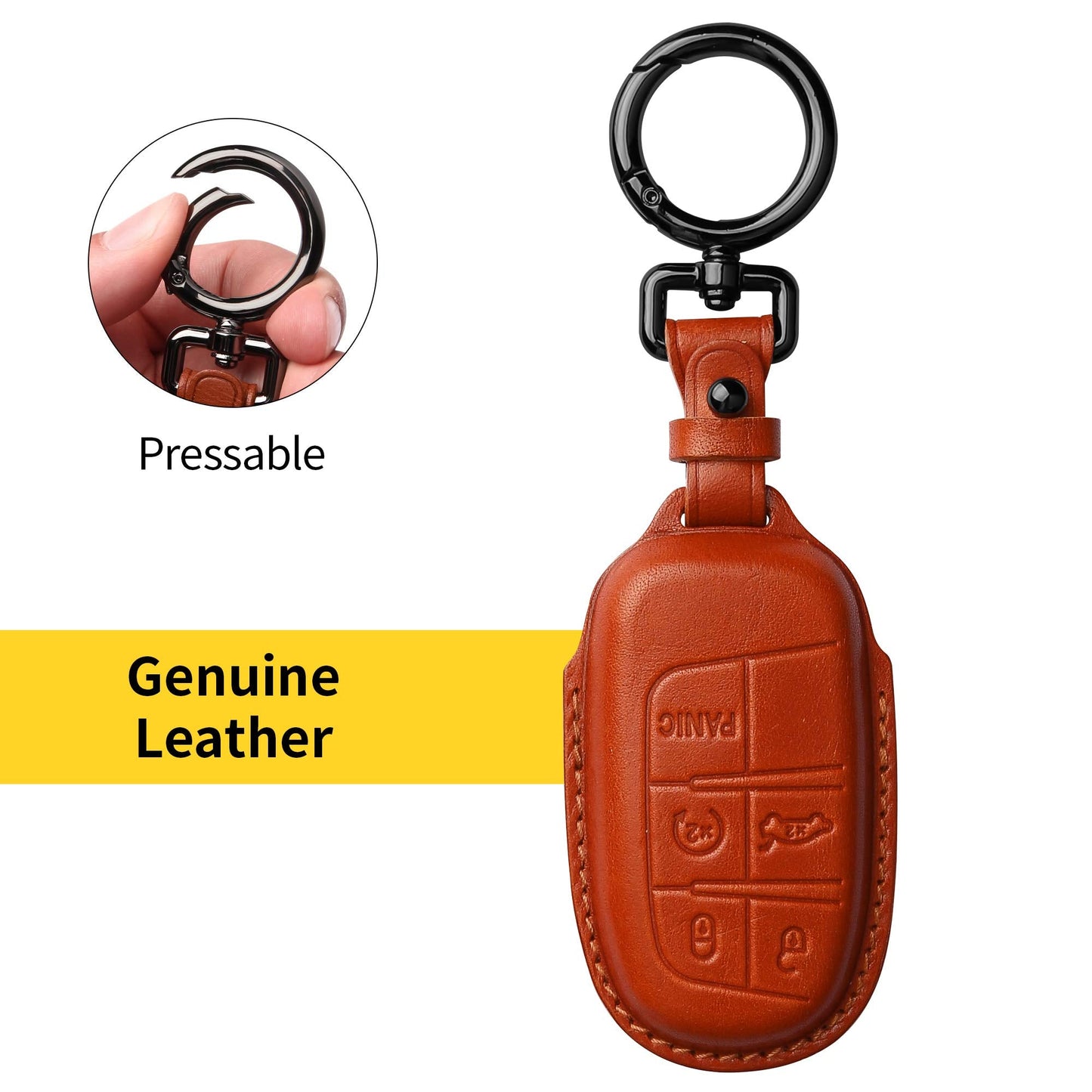 Tukellen for Jeep Key Fob Cover Leather,Leather Key Case Protector Compatible Jeep Grand Cherokee Renegade Chrysler 200 300 Dodge RAM Durango Challenger Journey Dart Fiat (only for Keyless go)-Brown