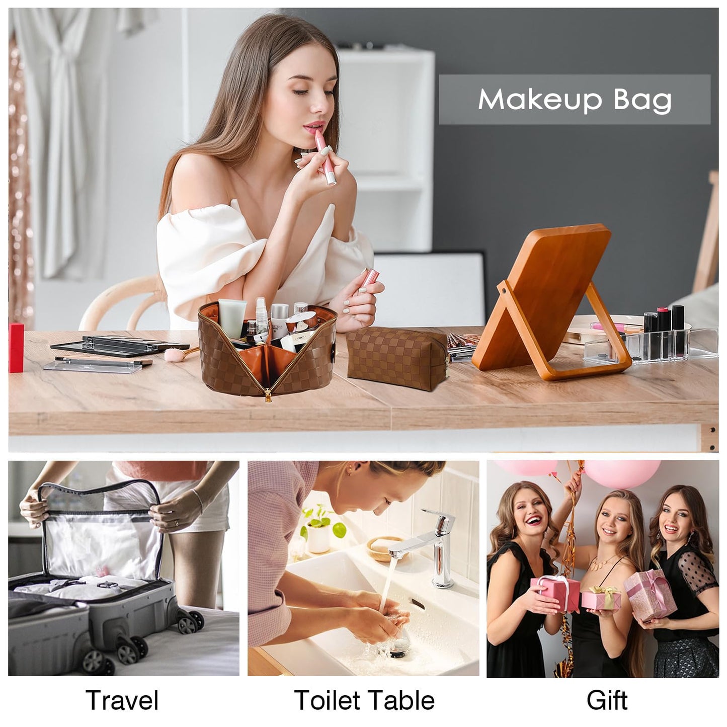 Checkered Travel Makeup Bags Cosmetic Organizer Bag: 2-Set Large Capacity Waterproof Makeup Bag - PU Leather Toiletry Bag for Women - Wide Open Portable Pouch with Handle and Divider (WHITE)