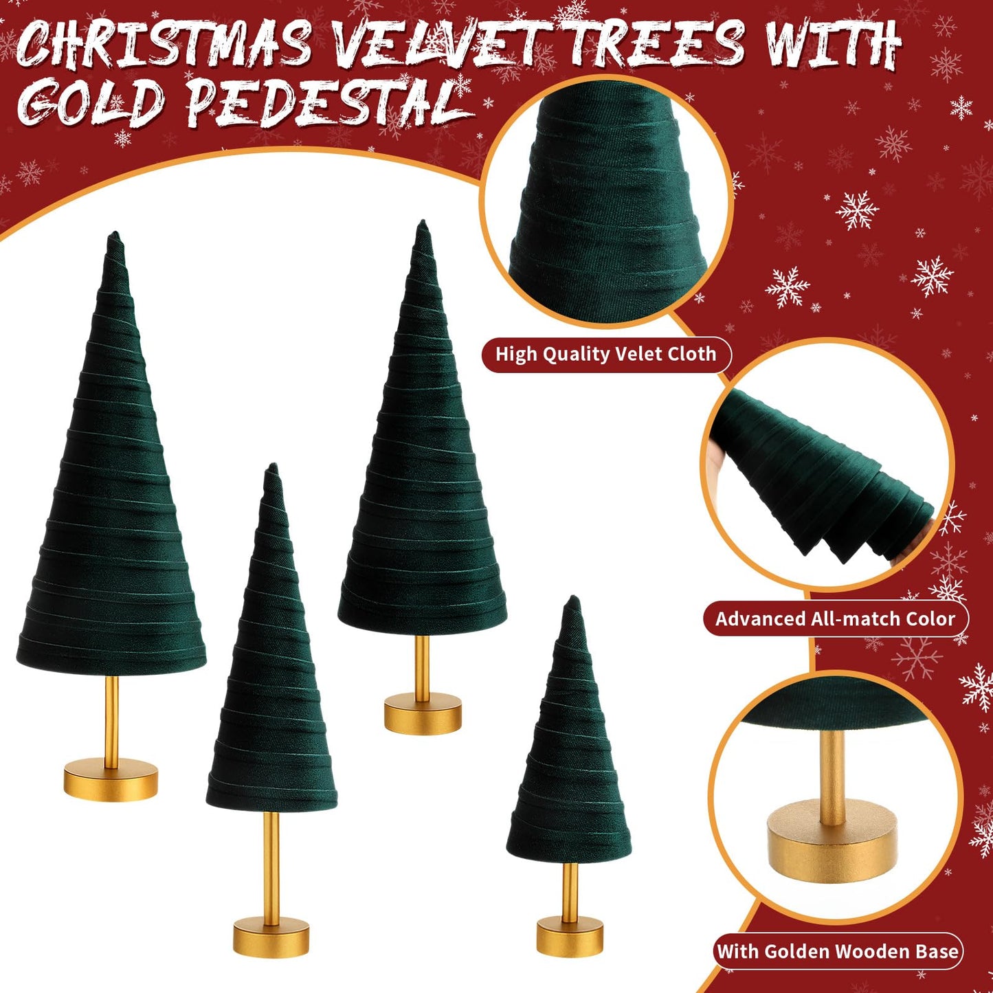 Hoolerry 4 Pcs Christmas Velvet Trees with Gold Pedestal Modern Rustic Christmas Velvet Cone Trees Minimalist for Mantel Table Centerpiece Entryway Home Winter Holiday Wedding Decor (Green)