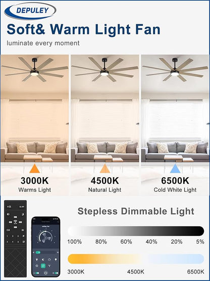 Depuley 66" Ceiling Fans with Lights: Large Indoor/Outdoor Ceiling Fan for Patios Living Room - 8 Blades Wooden Dimmable Ceiling Fans with Remote APP Control Timer Reversible Quiet DC Motor 6 Speeds