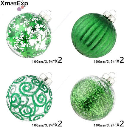 XmasExp 8ct Christmas Ball Ornaments Set -Large Clear Plastic Shatterproof Xmas Tree Ball Hanging Baubles Stuffed Delicate Glittering for Holiday Wedding Xmas Party Decoration (100mm/3.94",Green)