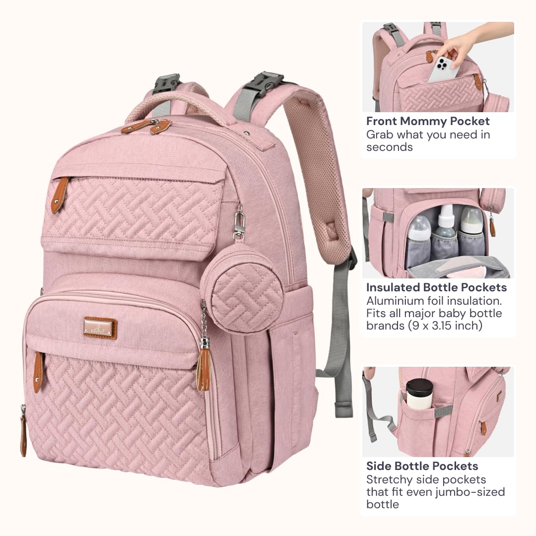 BabbleRoo Diaper Bag Backpack - Travel Large Baby Diaper Bag with Changing pad, Waterproof Baby Bags for Mom & Dad, Unisex Bags with Pacifier Case, Luggage Strap & Stroller Clips– Pink